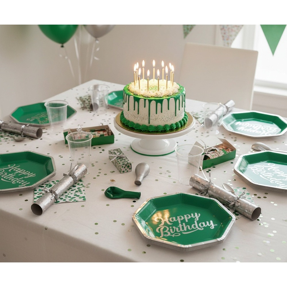 2 Pack Unique Green Happy Birthday Paper Plates Octagon Silver Foil 8ct 8.25in